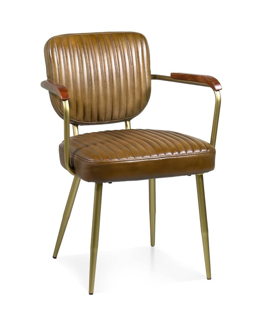 Estila Retro hnedá jedálenská stolička Denver s koženým poťahom s vertikálnym prešívaním s opierkami so zlatými nožičkami 97 cm 1