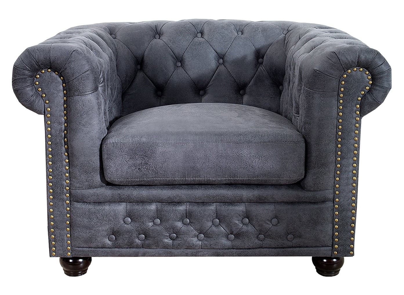 Estila Vintage sivé kreslo Chesterfield Grau s ozdobným prešívaním s okrúhlymi gombíkmi a poťahom s efektom vintage kože 105 cm 1