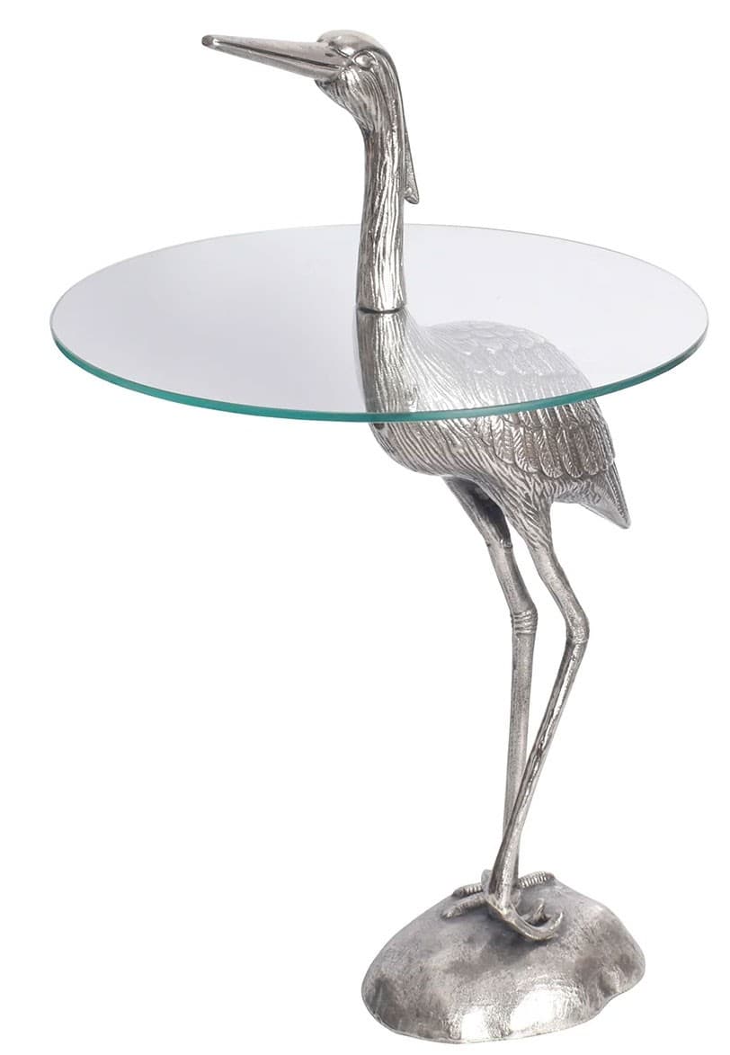 Estila Dizajnový okrúhly príručný stolík Ardea so skulpturálnou podstavou v tvare volavky v striebornej farbe 88 cm