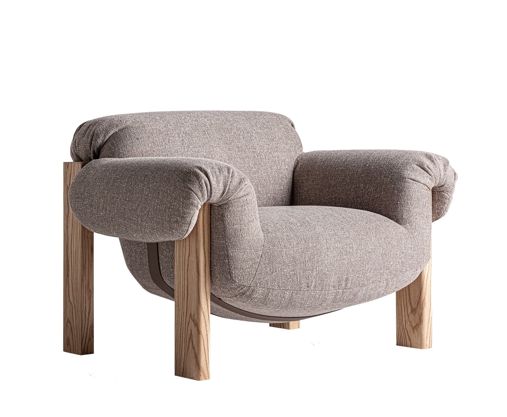 Estila Luxusné moderné čalúnené kreslo Harlow so sivým textilným poťahom a hnedým masívnym rámom 112 cm