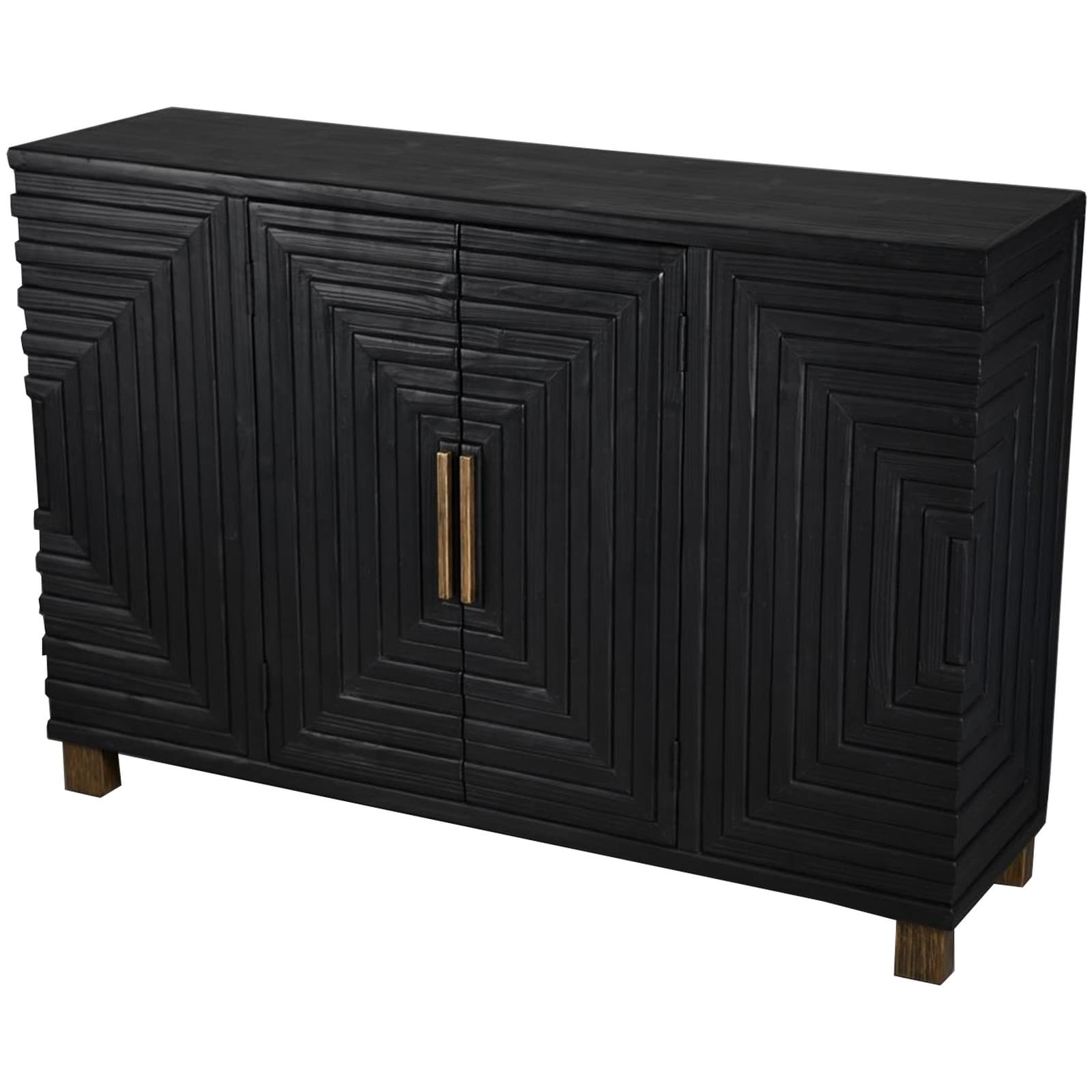 Estila Luxusný art deco dvojdverový príborník Gaston s vyrezávaným geometrickým zdobením v čiernej farbe so zlatými detailmi 123 cm