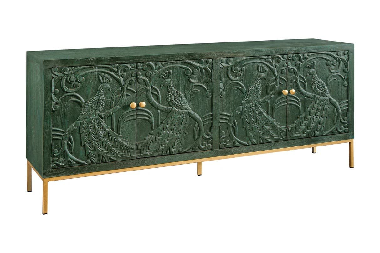 Estila Art deco štvordverový obdĺžnikový zelený príborník Birdy z mangového dreva s vyrezávanými pávmi a zlatými nožičkami 175 cm