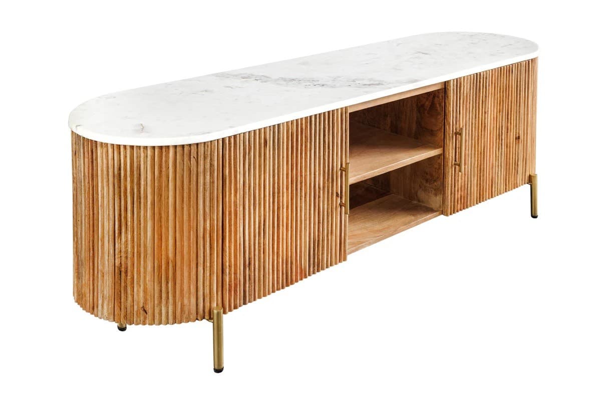 Estila Art deco hnedý oválny TV stolík Celestia z mangového dreva s bielou mramorovou doskou so zlatými úchytkami 140 cm
