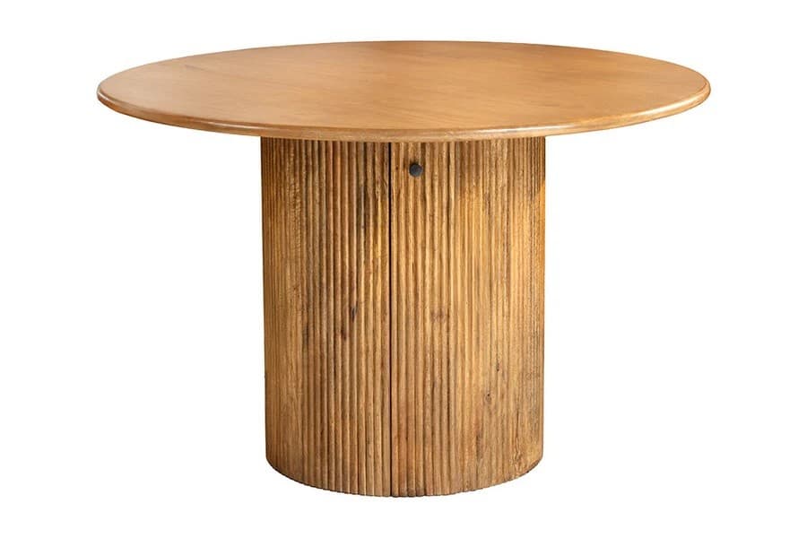 Estila Art deco okrúhly jedálenský stôl Celestia z mangového dreva v hnedej farbe s drážkovanou nohou a úložným priestorom 120 cm