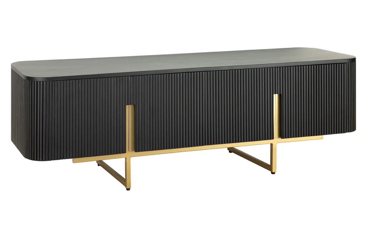 Estila Art deco obdĺžnikový štvordverový TV stolík Gatsby z čierneho mangového dreva s lamelami so zlatými úchytkami a nožičkami 160 cm 1