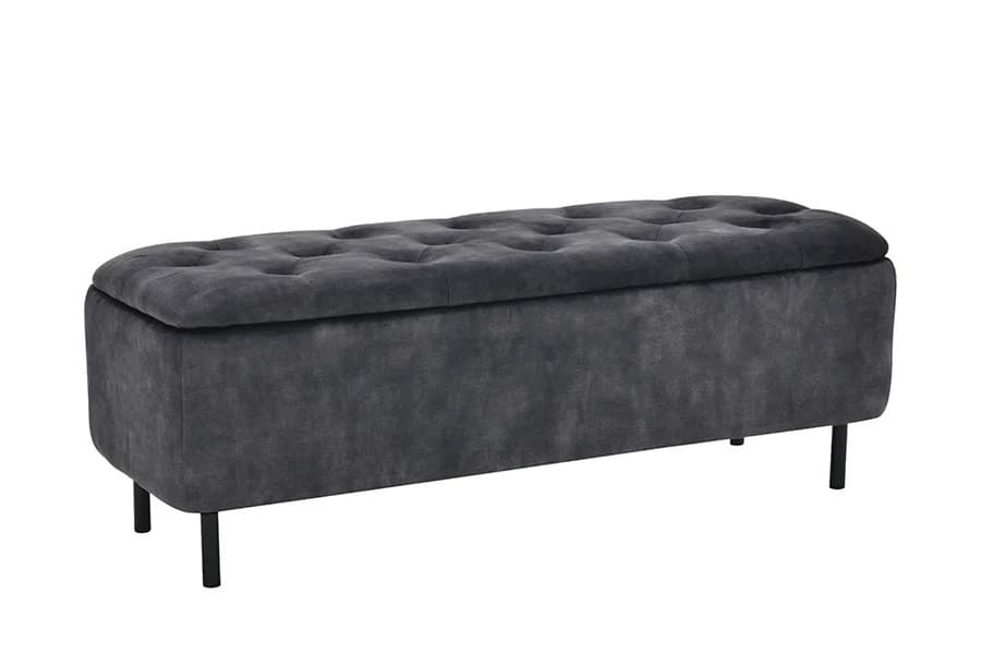 Estila Dizajnová čalúnená lavica Eliana s úložným priestorom a sivým zamatovým poťahom s chesterfield prešívaním na sedadle 120 cm 1