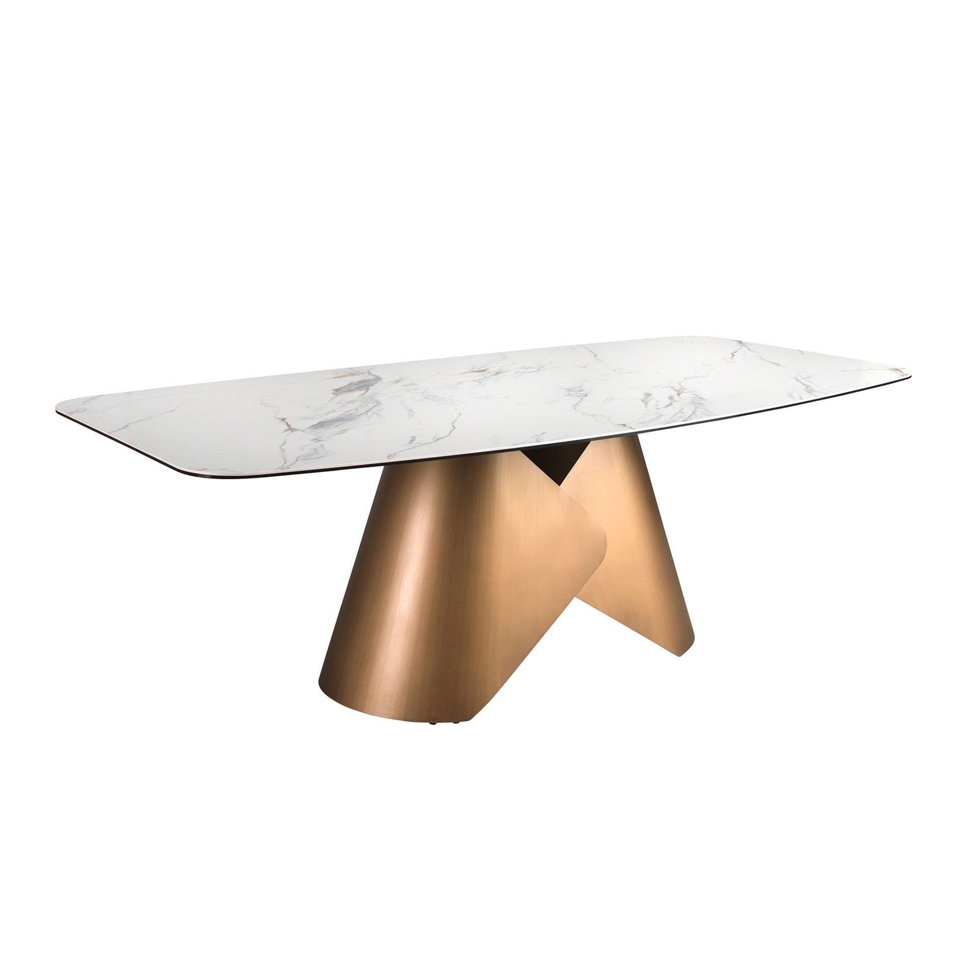 Estila Luxusný glamour biely obdĺžnikový jedálenský stôl Forma Moderna z porcelánu s mramorovým vzorom s bronzovou nohou 240 cm