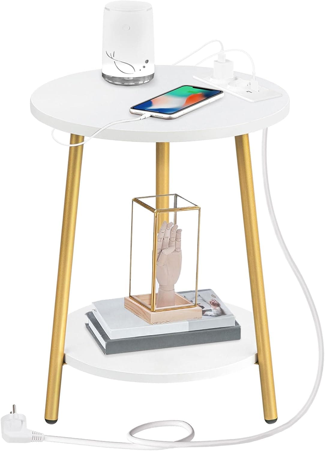Okrúhly odkladací stolík Vasagle Luretta 40 cm s nabíjacou stanicou biely/zlatý