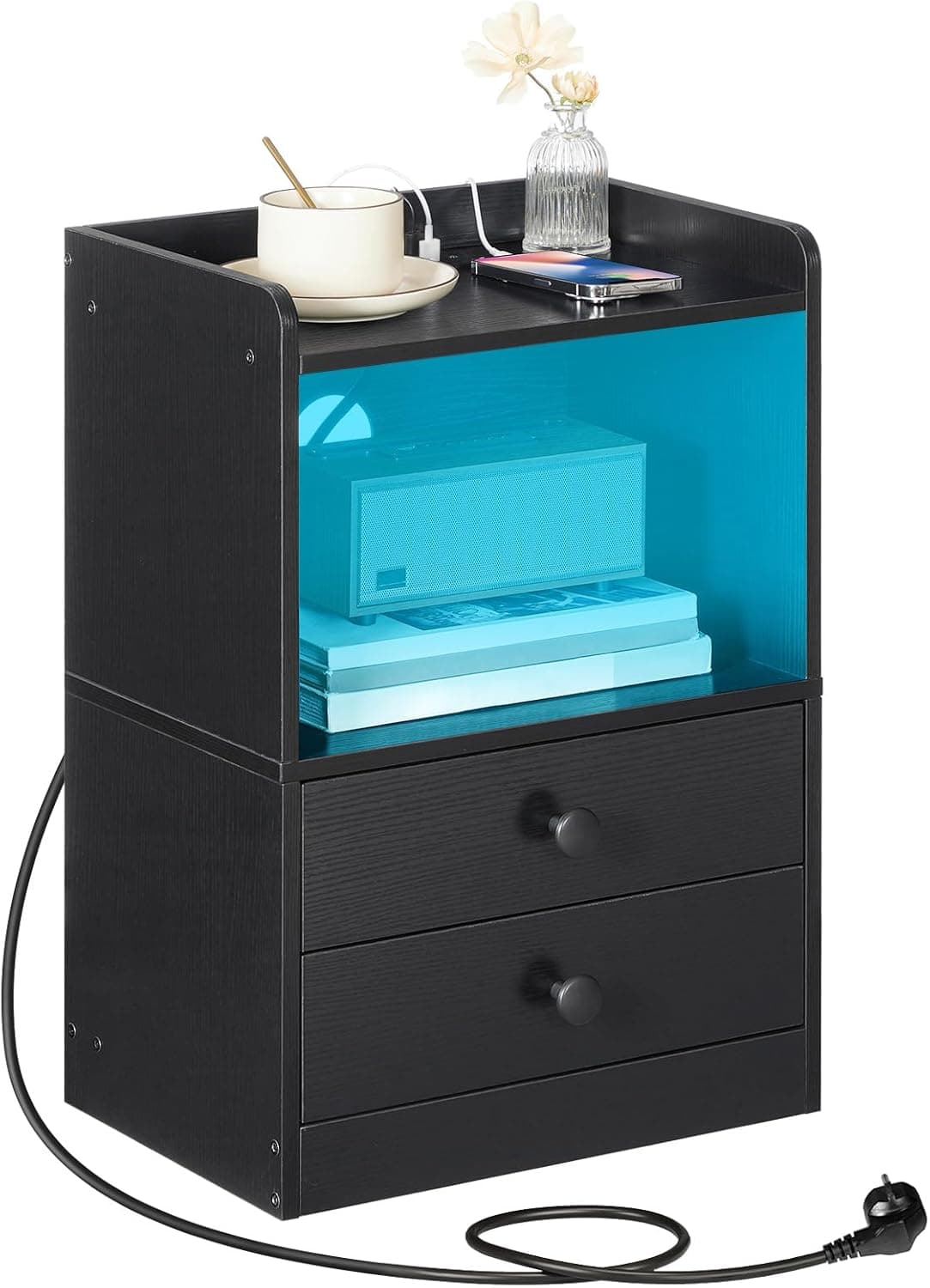 Nočný stolík Silven 38 cm s LED osvetlením a nabíjacou stanicou čierny 1