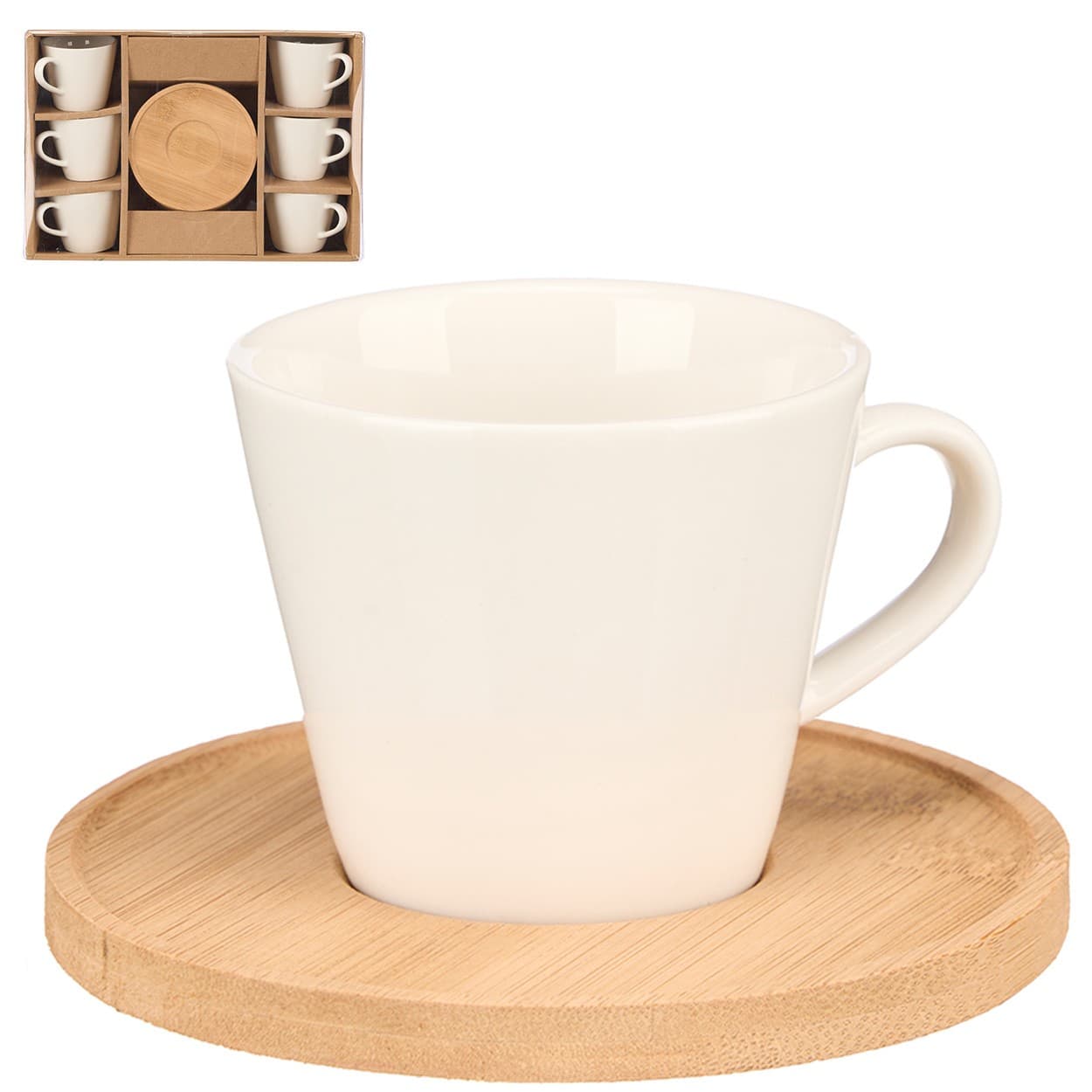 Sada 6 ks porcelánových šálok s podšálkami LOLY biela/bambus 1
