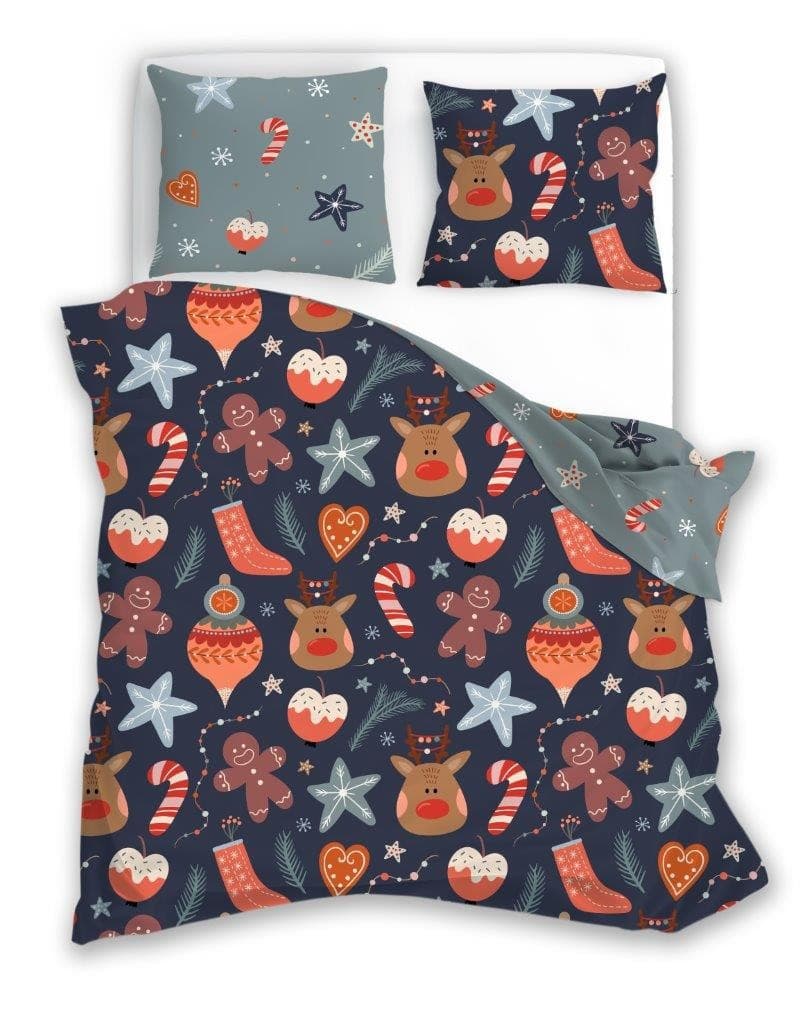 Vianočné obliečky zo saténového mikrovlákna Holly Jolly 007 220x200 cm +2x 70x80 cm modré/sivé 1