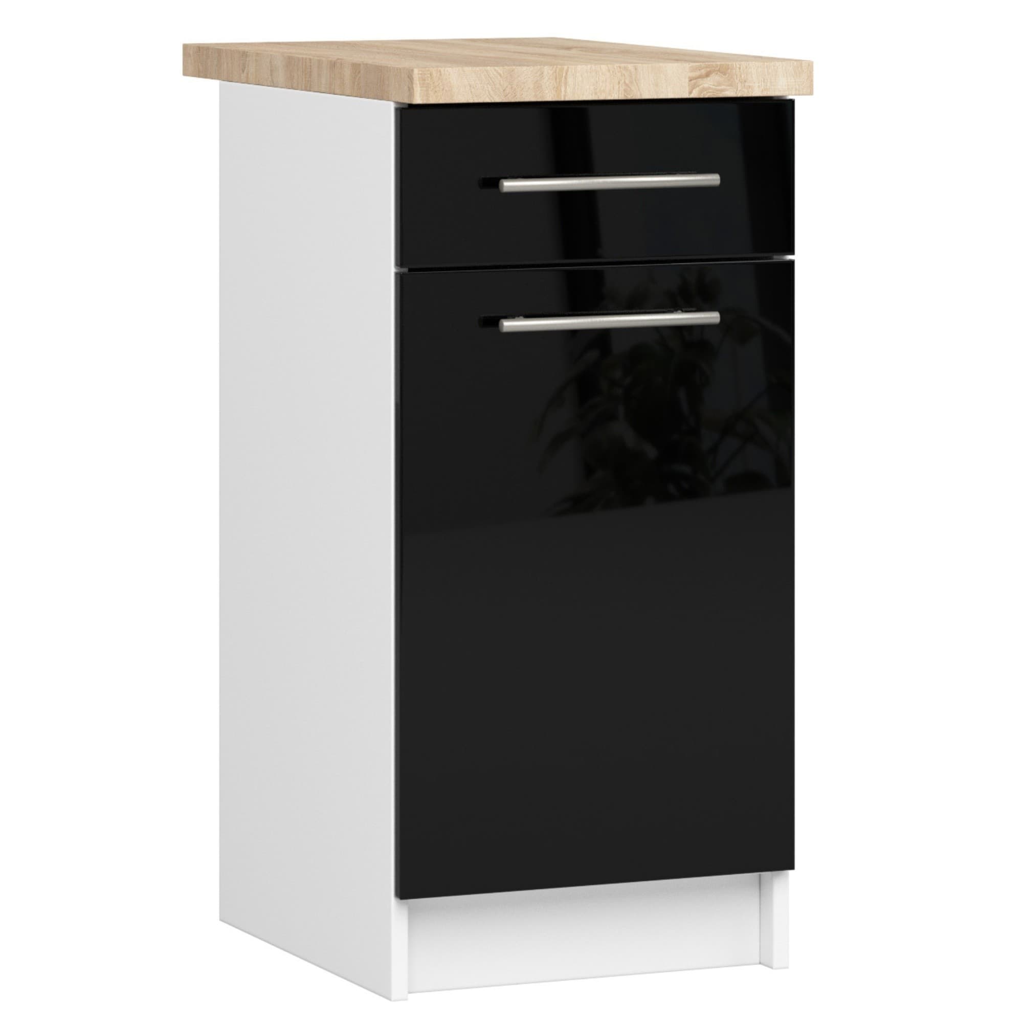 Kuchynská skrinka Olivie S 40 cm 1D 1S biela/čierny lesk/dub sonoma