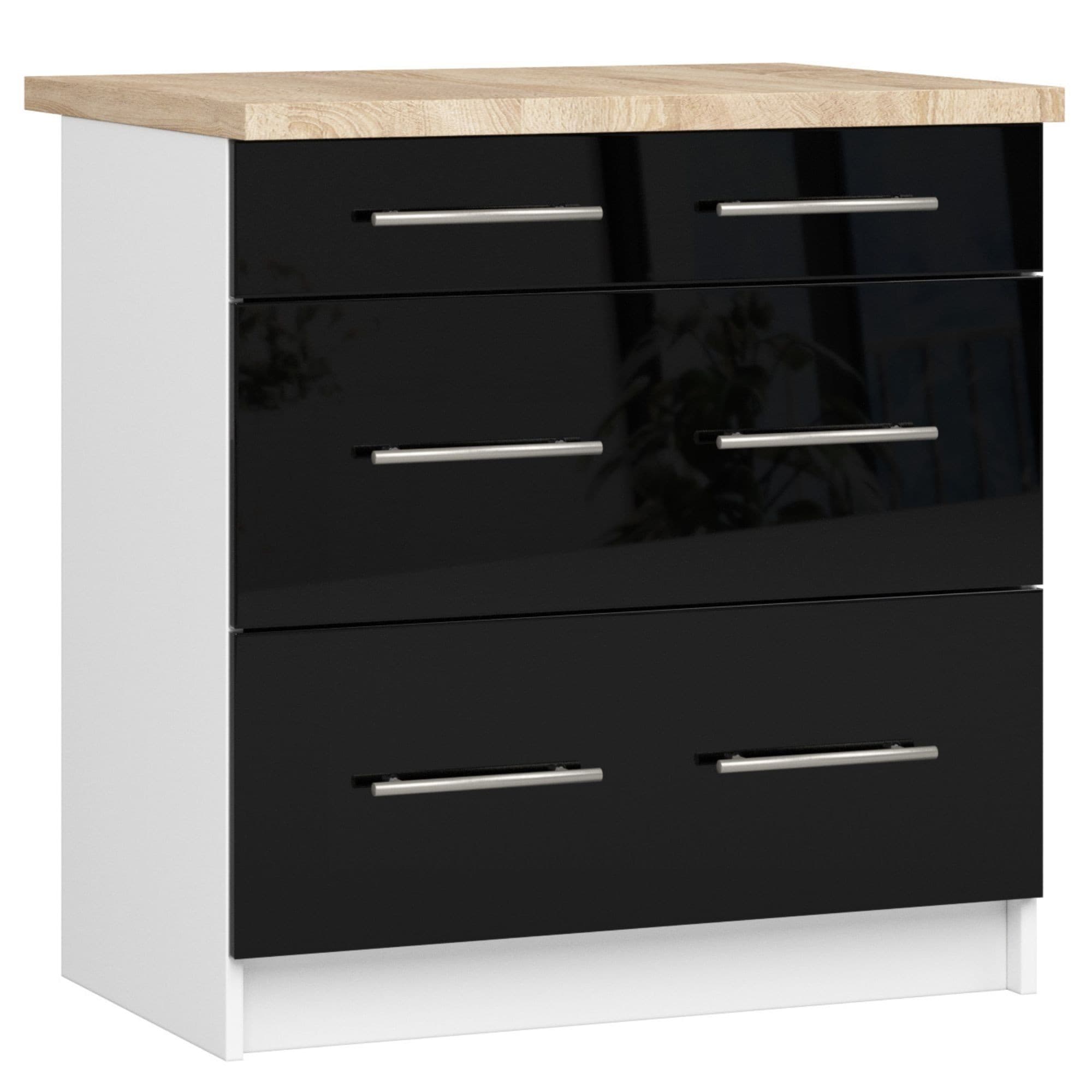 Kuchynská skrinka Olivie S 80 cm 3S biela/čierny lesk/dub sonoma