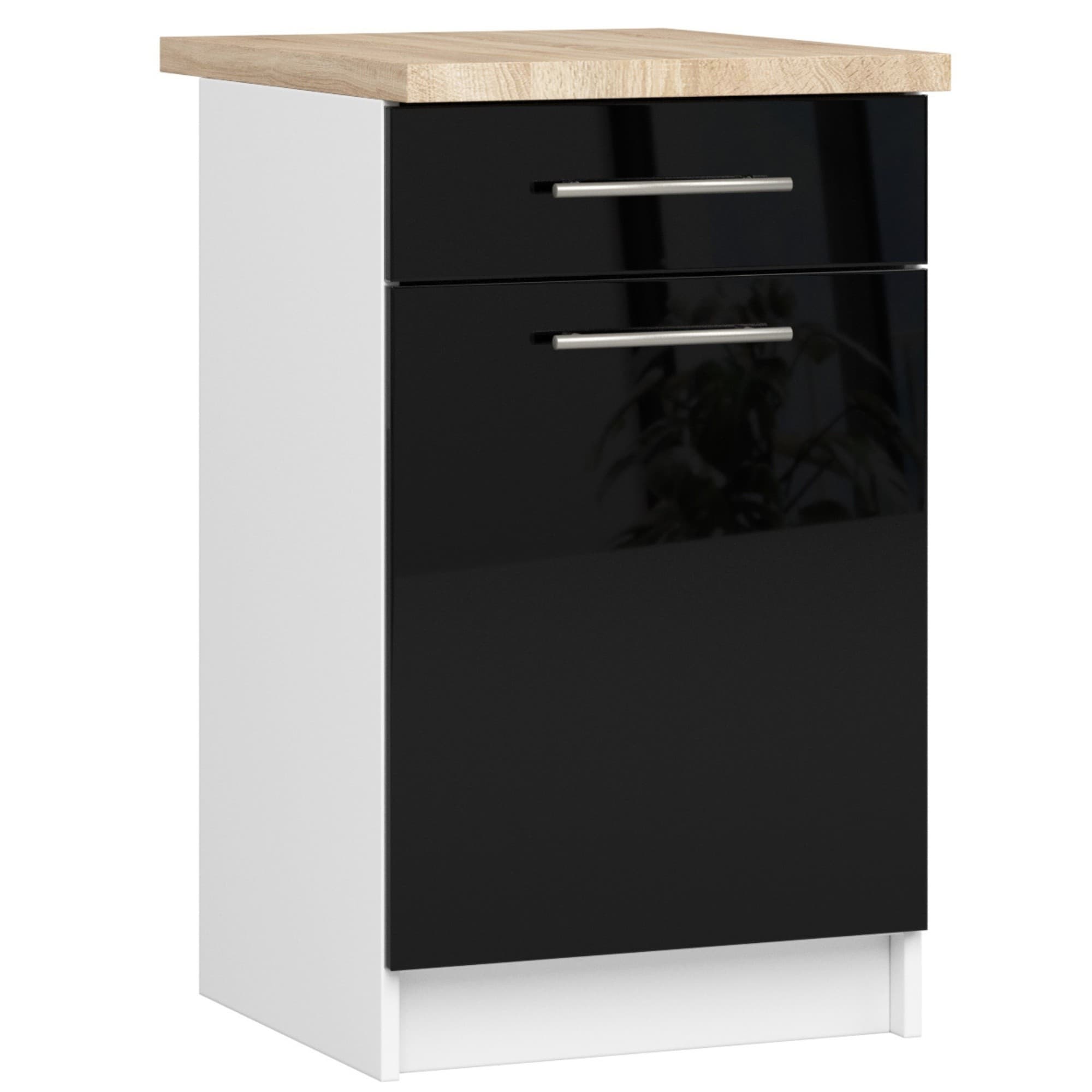 Kuchynská skrinka Olivie S 50 cm 1D 1S biela/čierny lesk/dub sonoma
