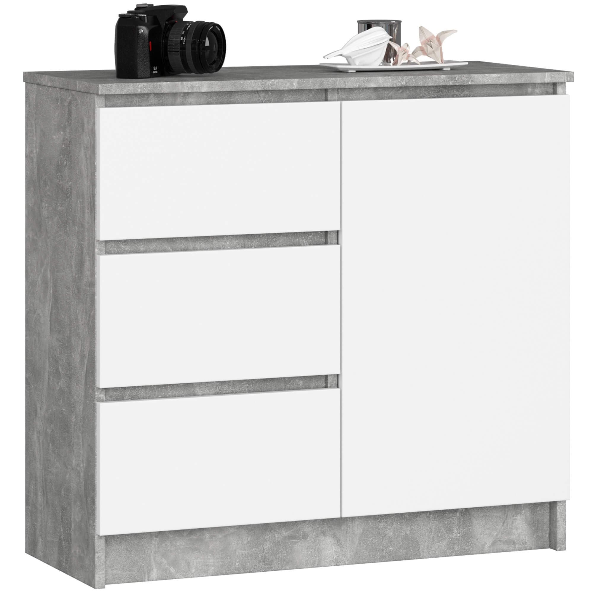 Komoda JERRY K 80 cm 1 dvere 3 zásuvky betón/biela