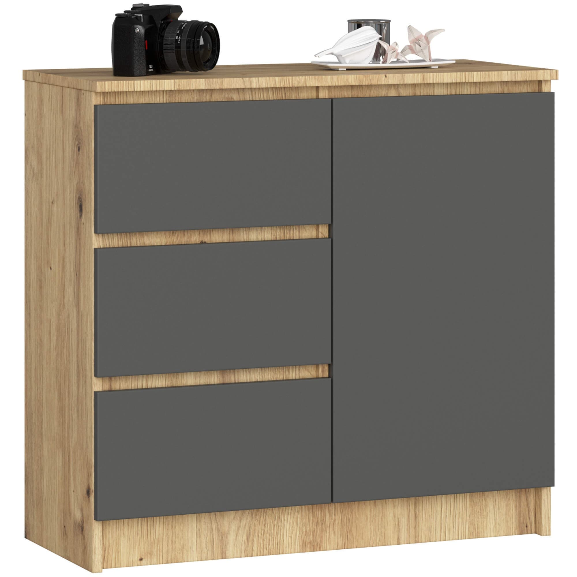 Komoda JERRY K 80 cm 1 dvere 3 zásuvky dub artisan/grafitovo šedá