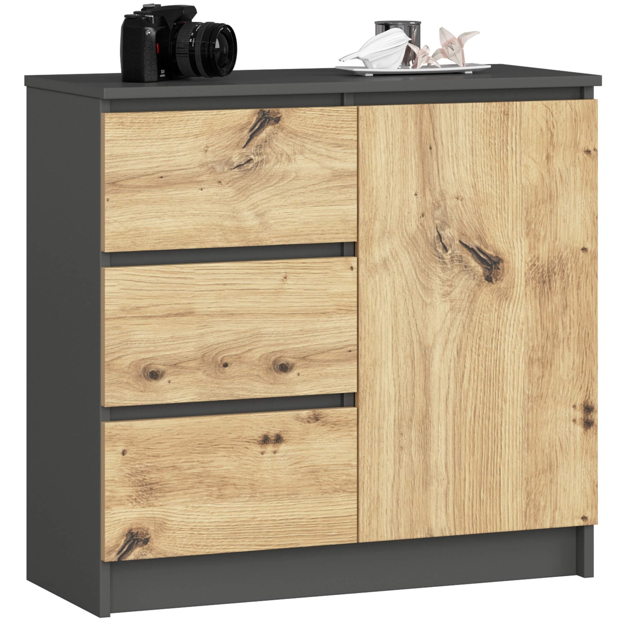 Komoda JERRY K 80 cm jedny dvere 3 zásuvky grafitová šedá/dub artisan 1