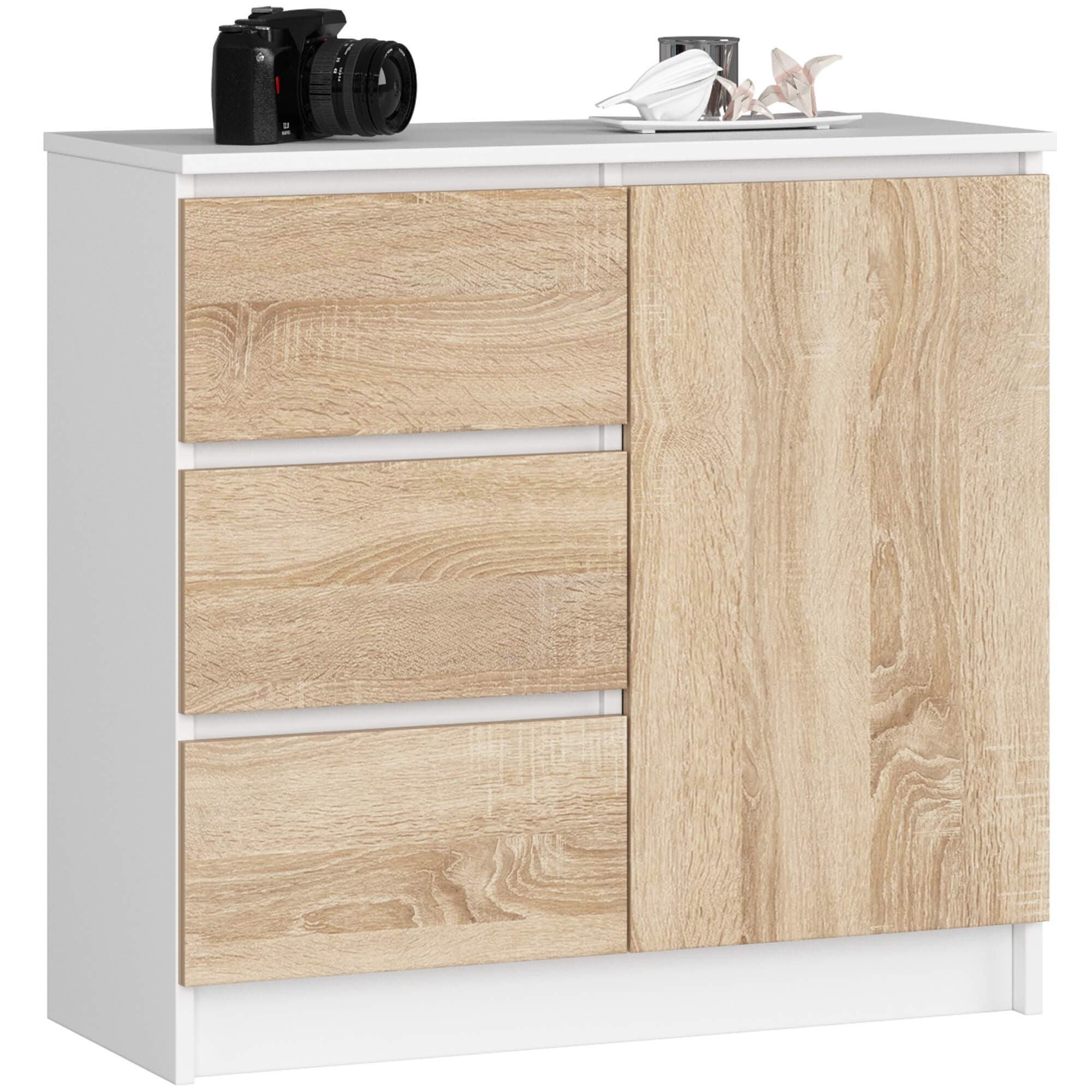 Komoda JERRY K 80 cm 1 dvere 3 zásuvky biela/dub sonoma
