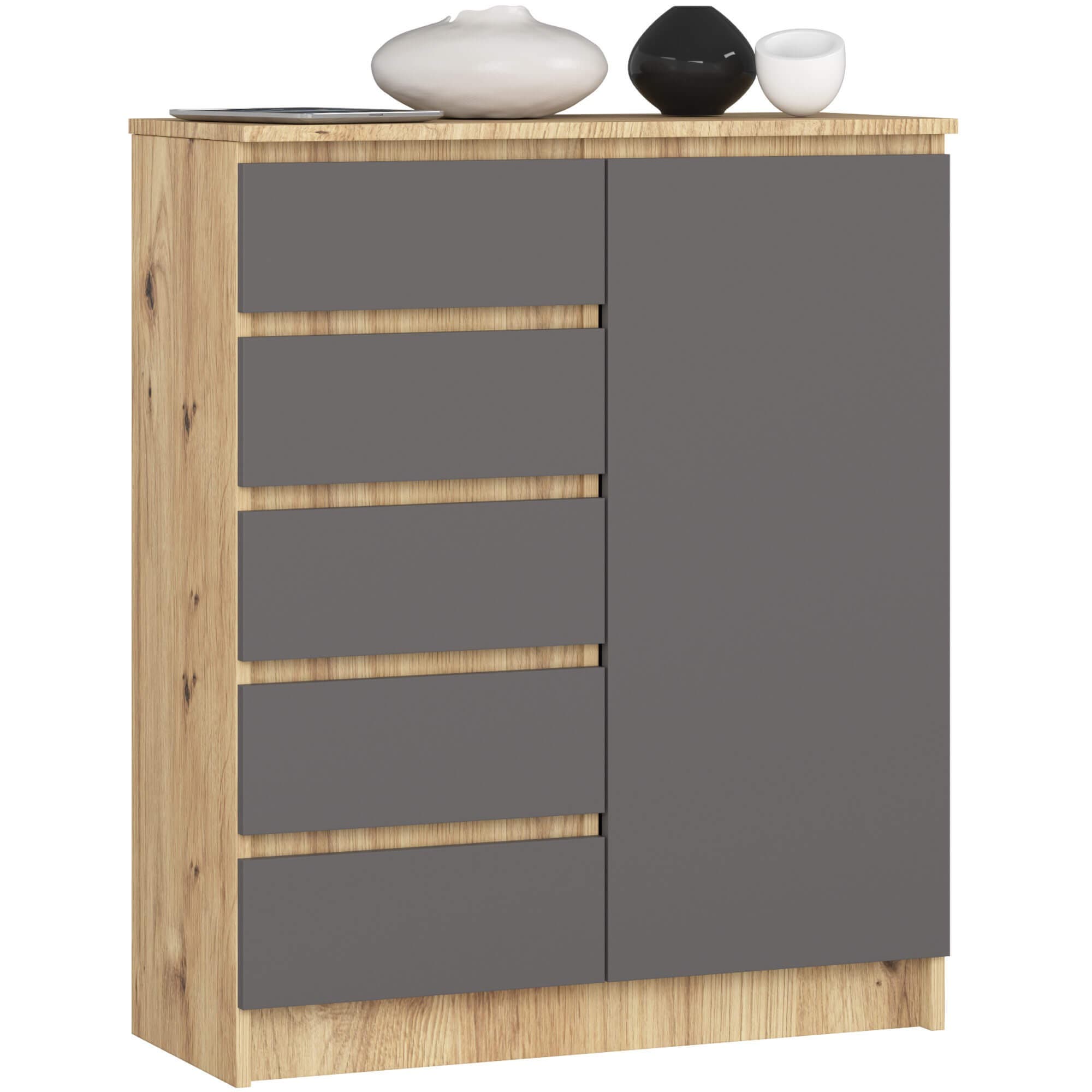 Komoda JERRY 80 cm 1 dvere 5 zásuviek dub artisan/antracitovo šedá