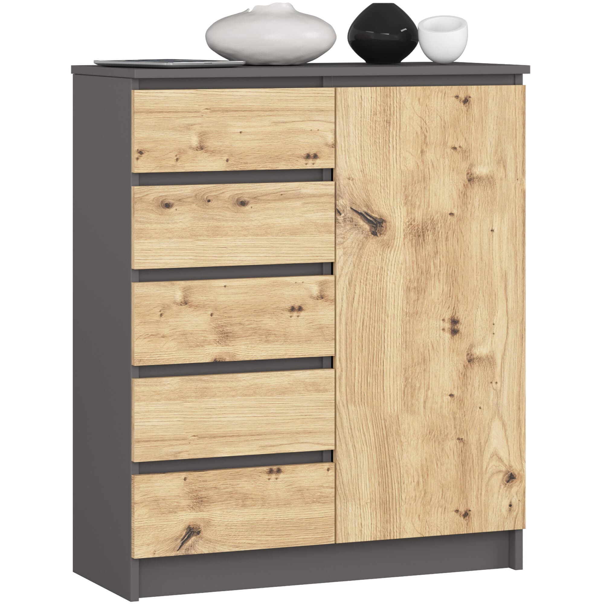 Komoda JERRY 80 cm 1 dvere 5 zásuviek grafitová/dub artisan 1