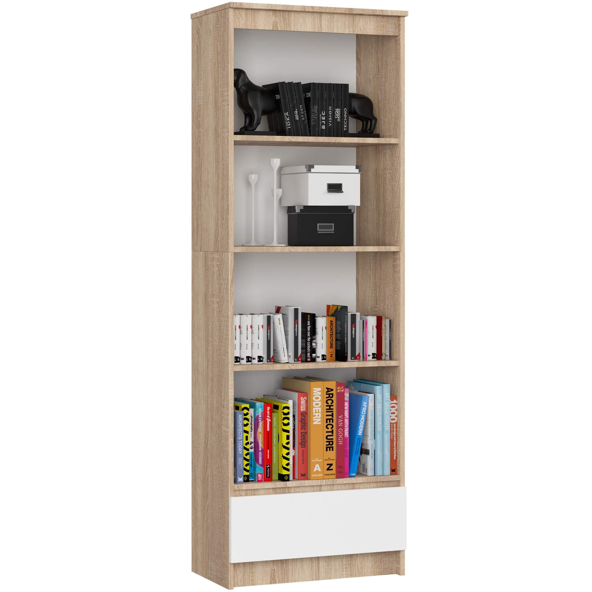 Kancelársky regál Rexa 60 cm 1 zásuvka a 4 police dub sonoma/biely