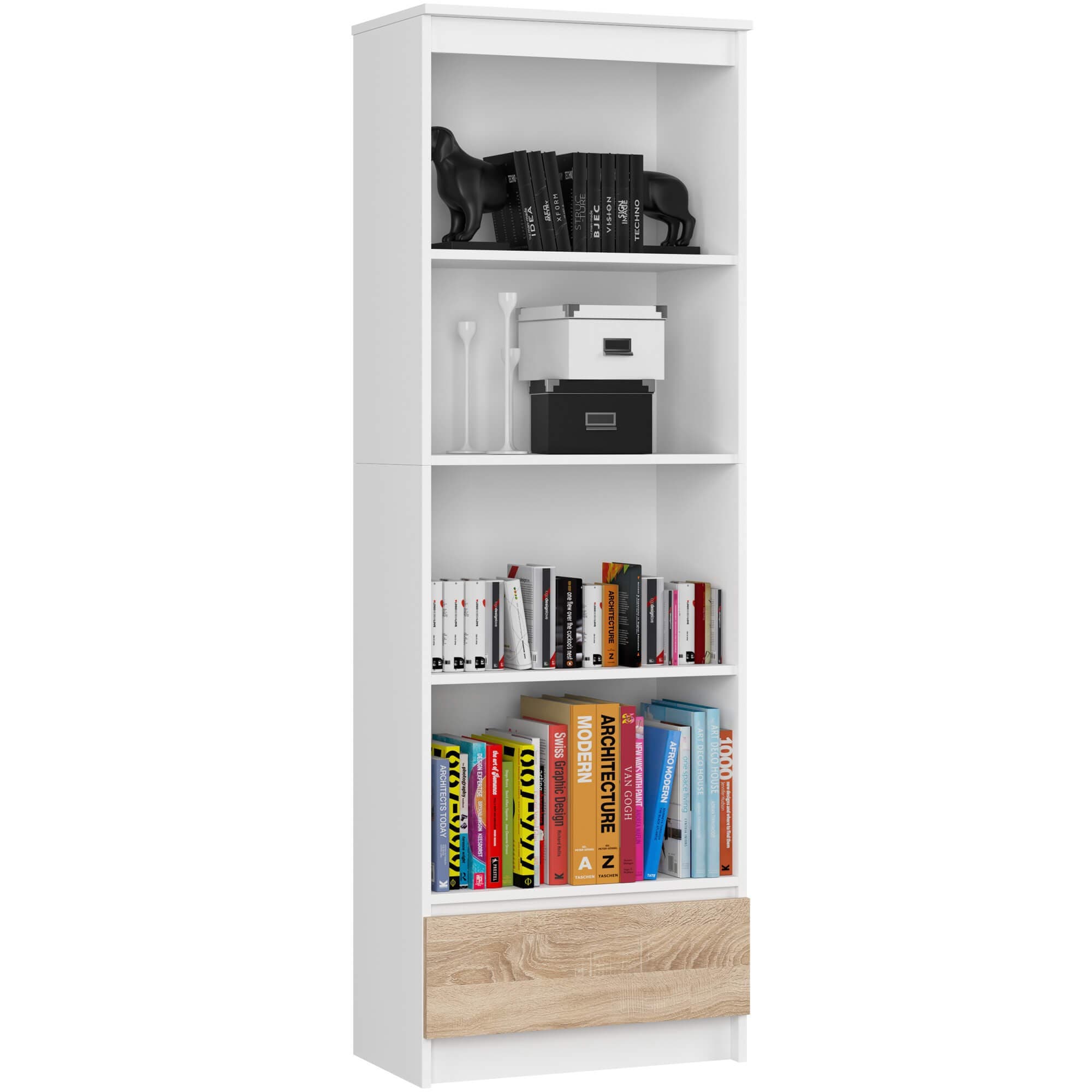 Kancelársky regál Rexa 60 cm 1 zásuvka a 4 police biely/sonoma