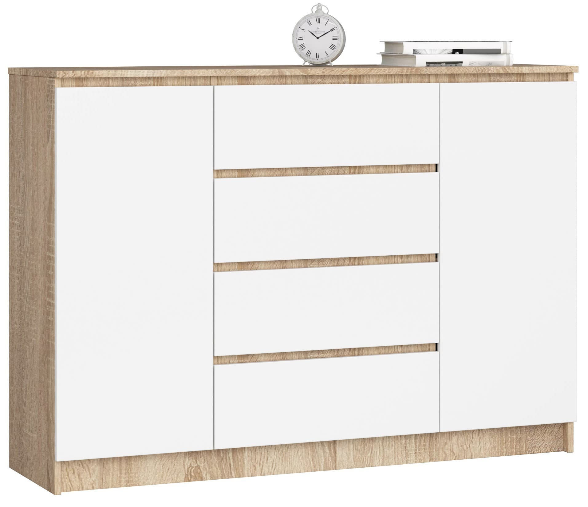Komoda Kryštof 140 cm 2 skrinky a 4 zásuvky dub sonoma/biela