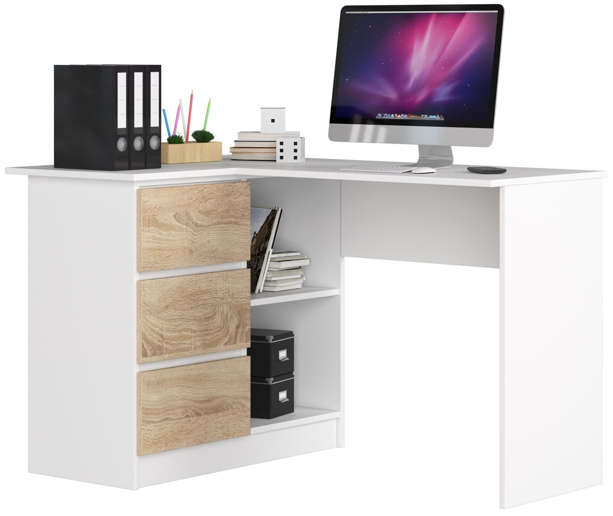 Rohový písací stôl B16 124 cm biely/dub sonoma ľavý