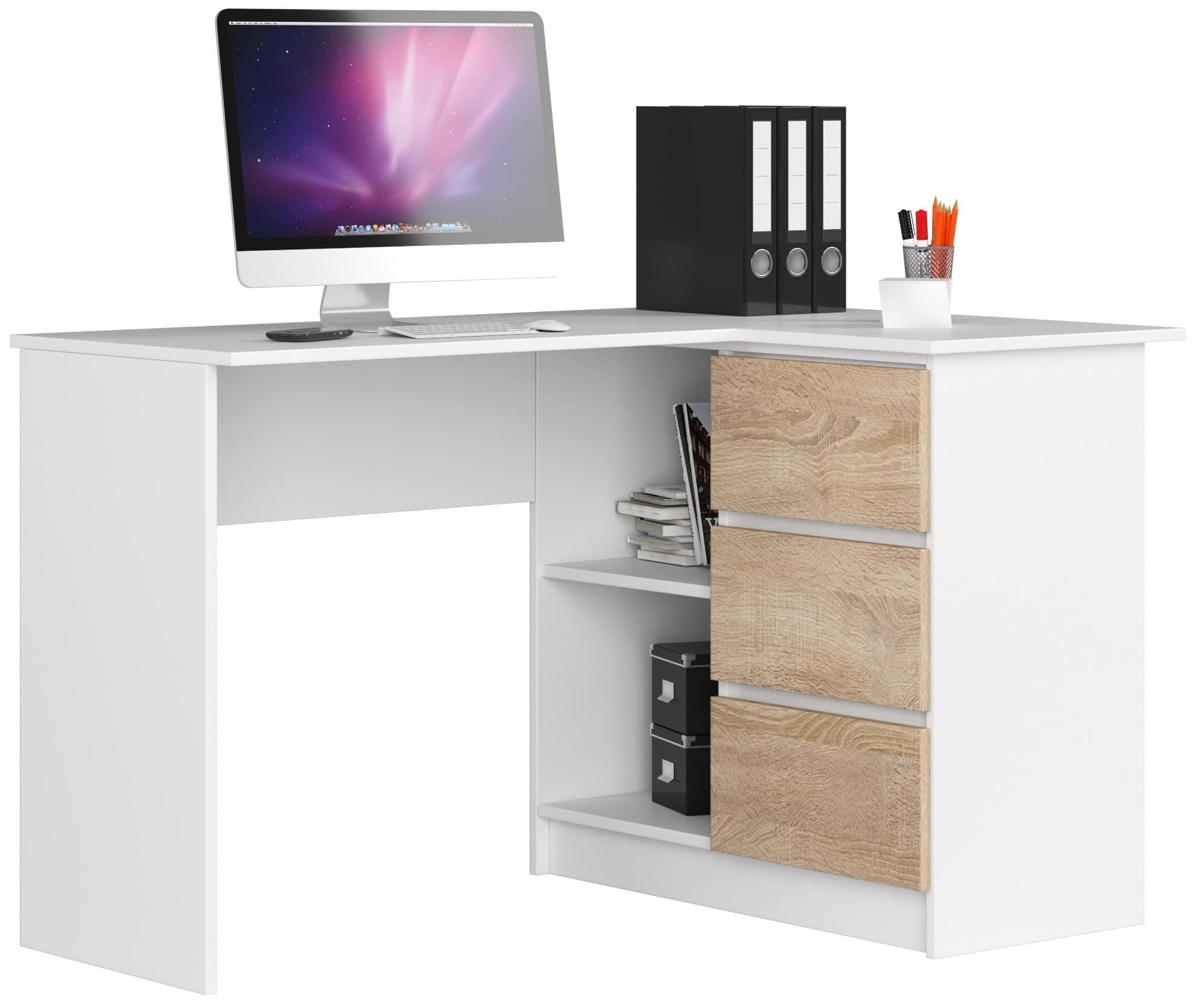 Rohový písací stôl B16 124 cm biely/dub sonoma pravý 1