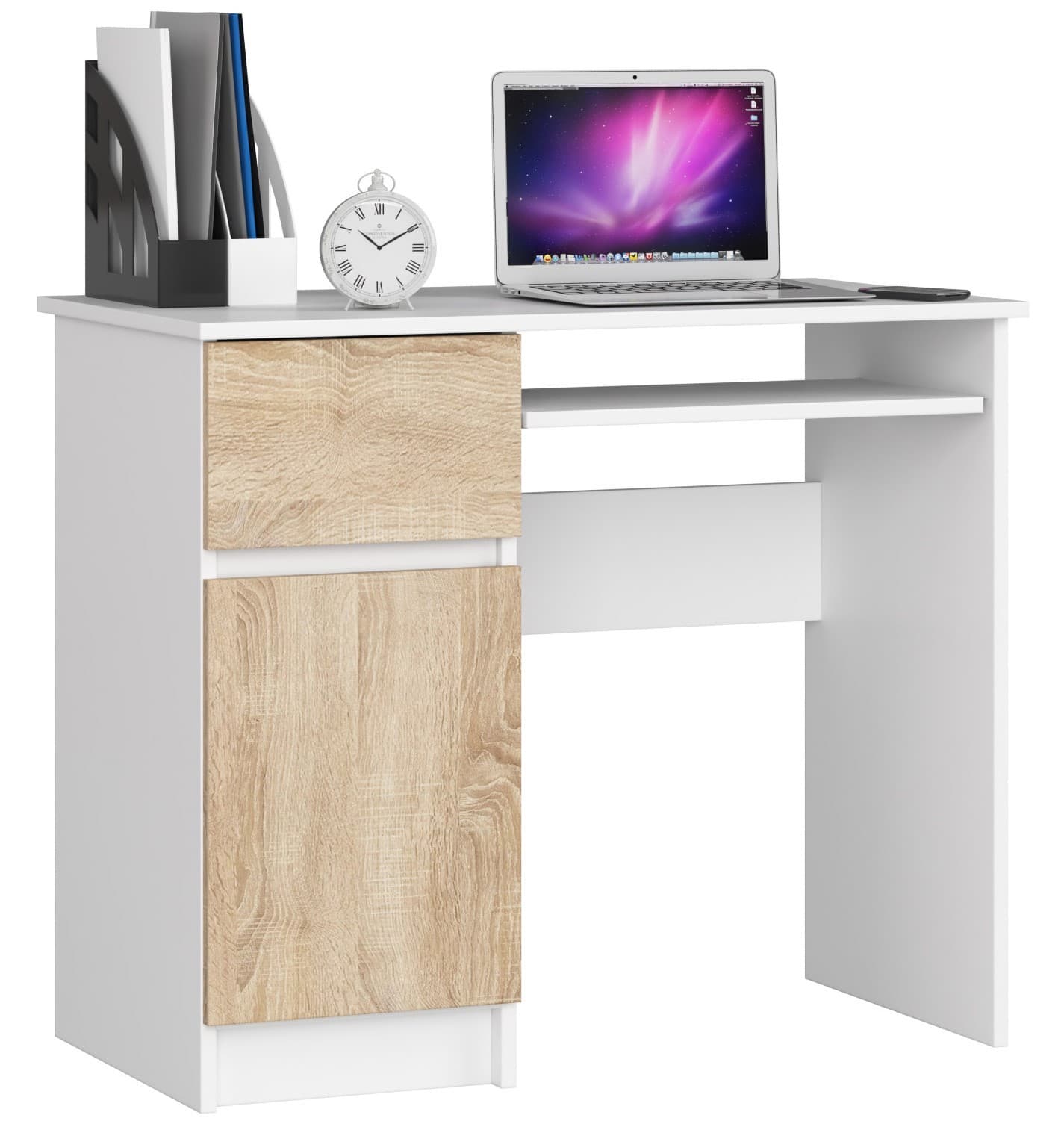Písací stôl PIKSEL 90 cm biely/dub sonoma ľavý 1