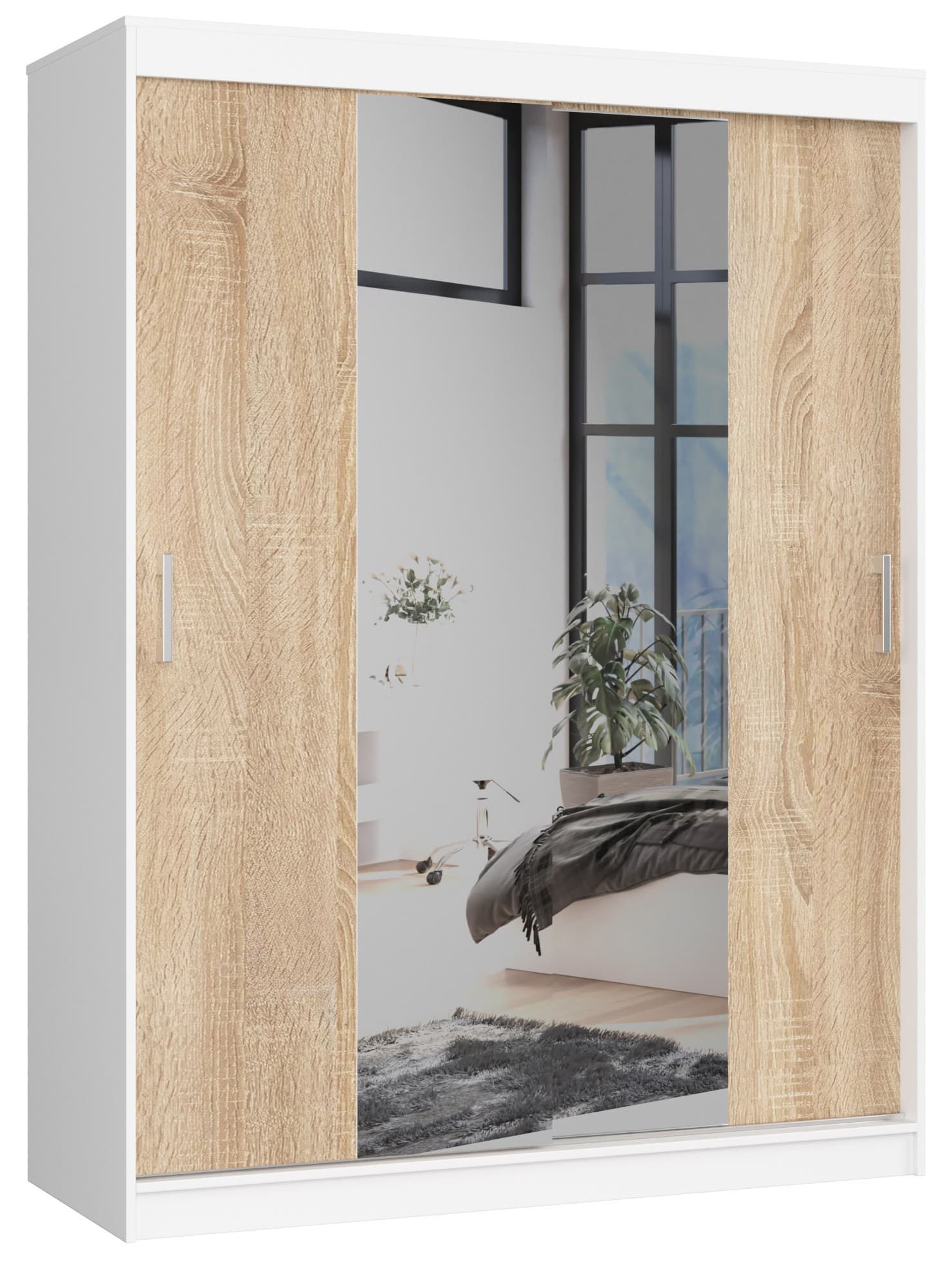 Šatníková skriňa so zrkadlom Reton 150 cm biela/dub sonoma 1