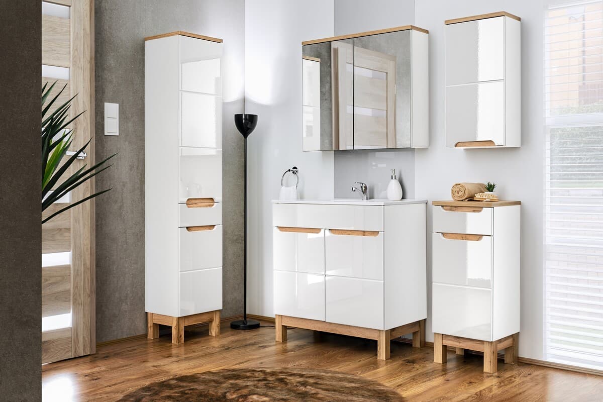 Kúpeľňová zostava Bali 80 cm so zápustným umývadlom, skrinkami a zrkadlom dub wotan/biela