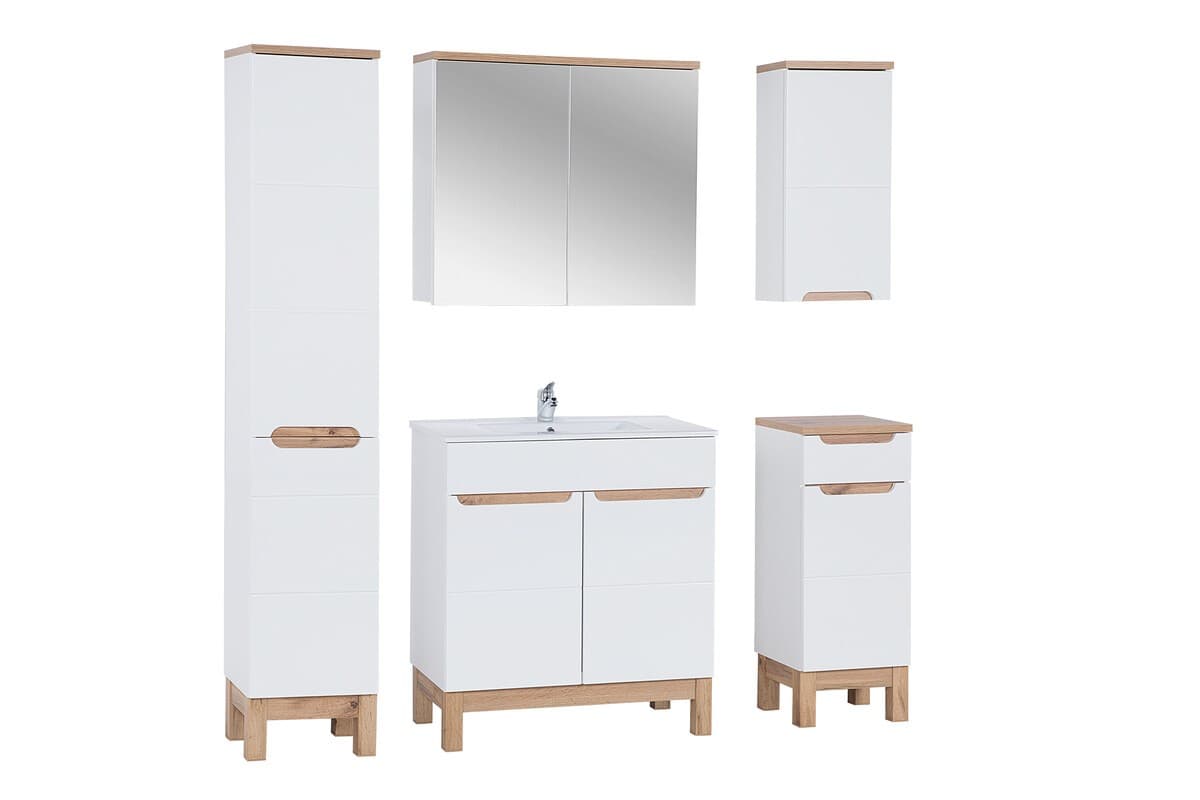 Kúpeľňová zostava Bali 80 cm so zápustným umývadlom, skrinkami a zrkadlom biela/dub wotan