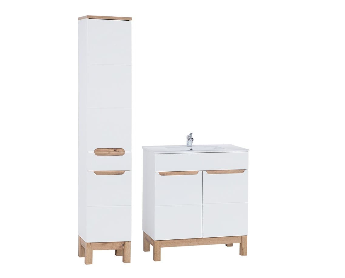 Kúpeľňová zostava Bali 80 cm so skrinkami a zápustným umývadlom biela/dub wotan 1