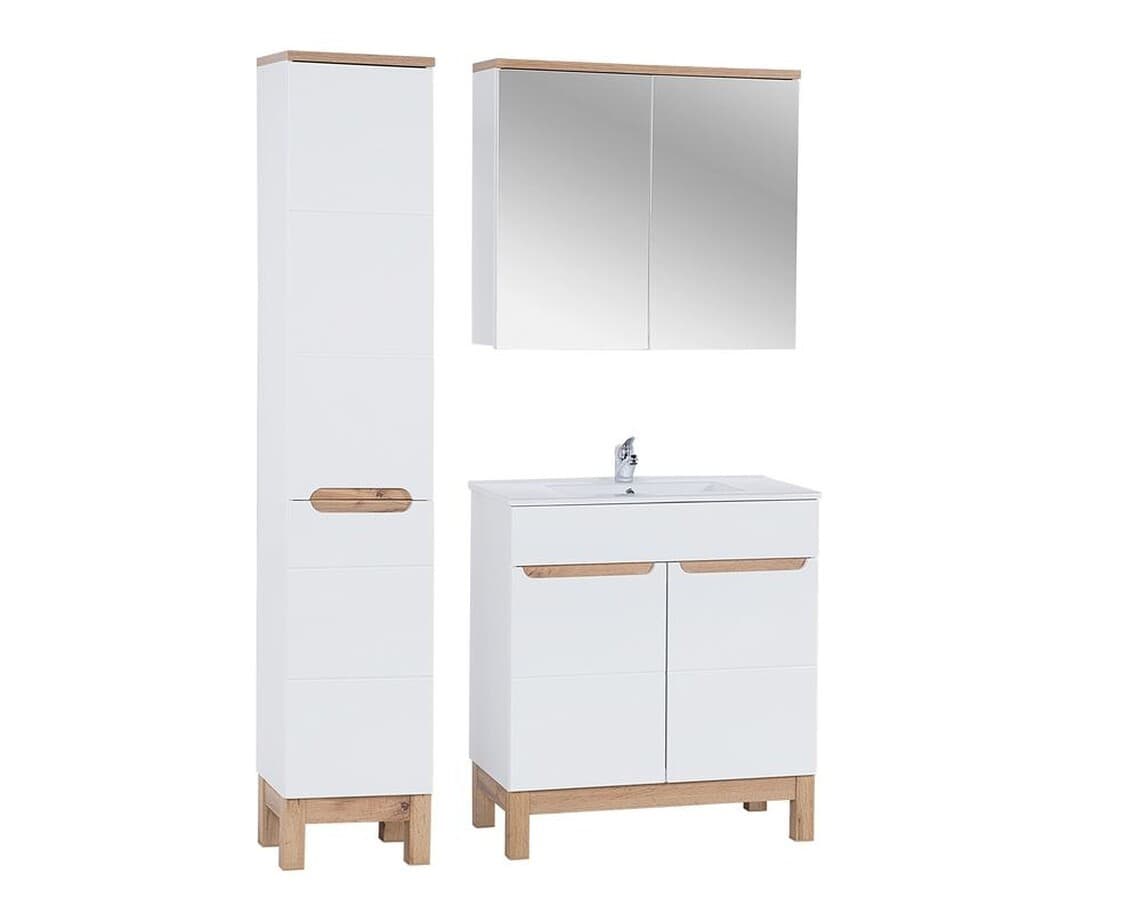 Kúpeľňová zostava Bali 80 cm so skrinkami, zápustným umývadlom a zrkadlom biela/dub wotan