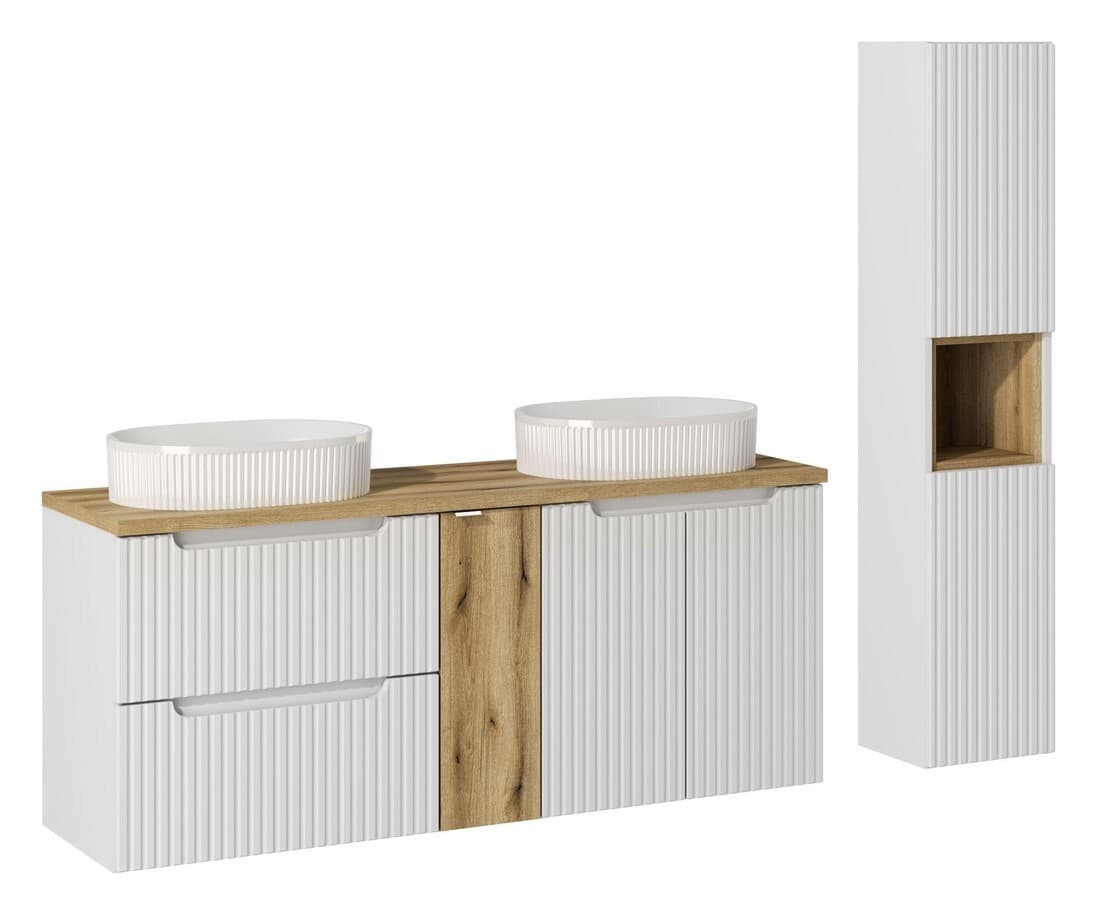 Kúpeľňová zostava Nova White s doskou a umývadlami 140 cm biela/dub evoke 1
