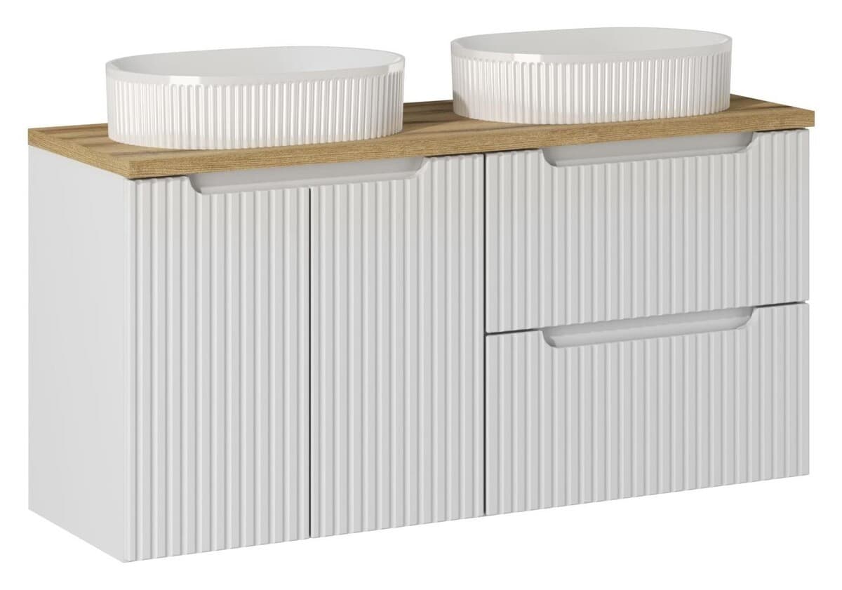 Závesná skrinka Nova White Beyond s doskou a umývadlami 120 cm biela/dub evoke