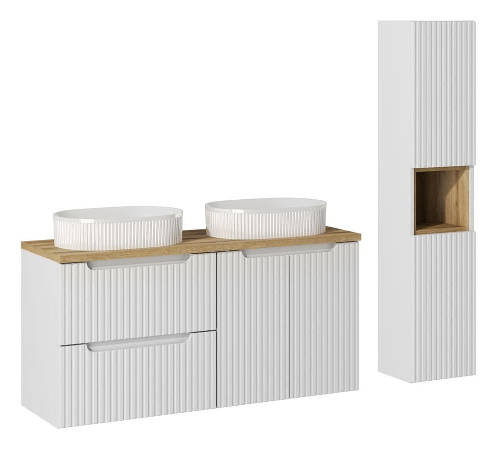 Kúpeľňová zostava Nova biela s doskou, umývadlami a skrinkami 120 cm biela/dub evokujúci 1