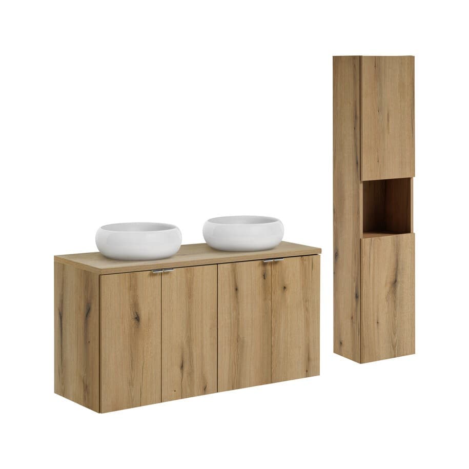 Kúpeľňová zostava Nova Oak s doskou, umývadlami a skrinkami 120 cm dub evoke