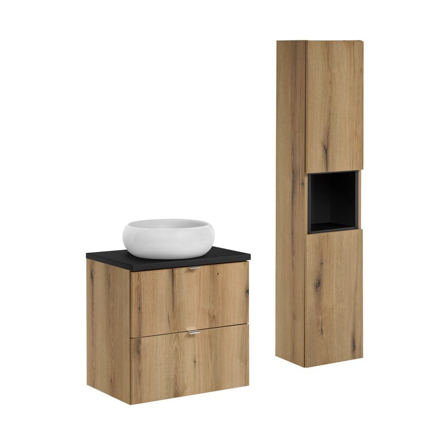 Kúpeľňová zostava Nova Oak Wiki so skrinkami a umývadlom 60 cm dub Evoke/čierna