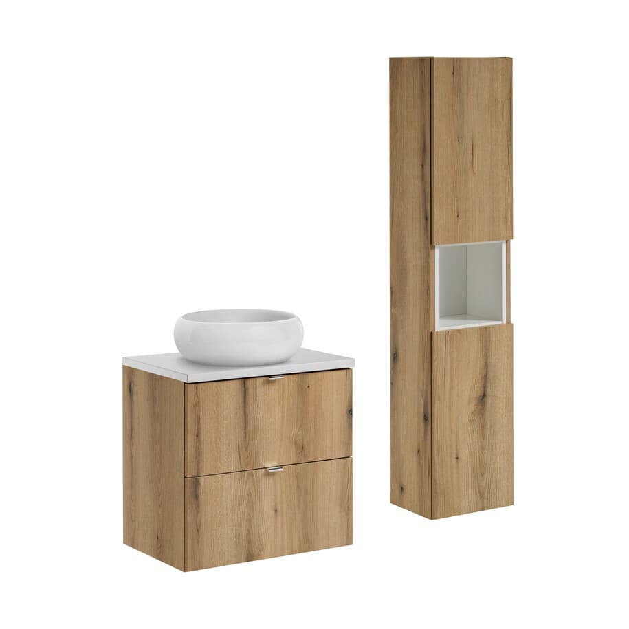Kúpeľňová zostava Nova Oak I s doskou, umývadlom a skrinkami 60 cm dub evoke/biela