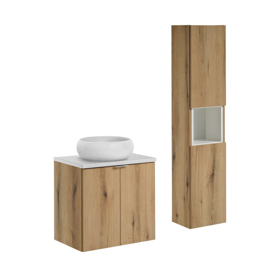 Kúpeľňová zostava Nova Oak II s doskou, umývadlom a skrinkami 60 cm dubový dekor/biela