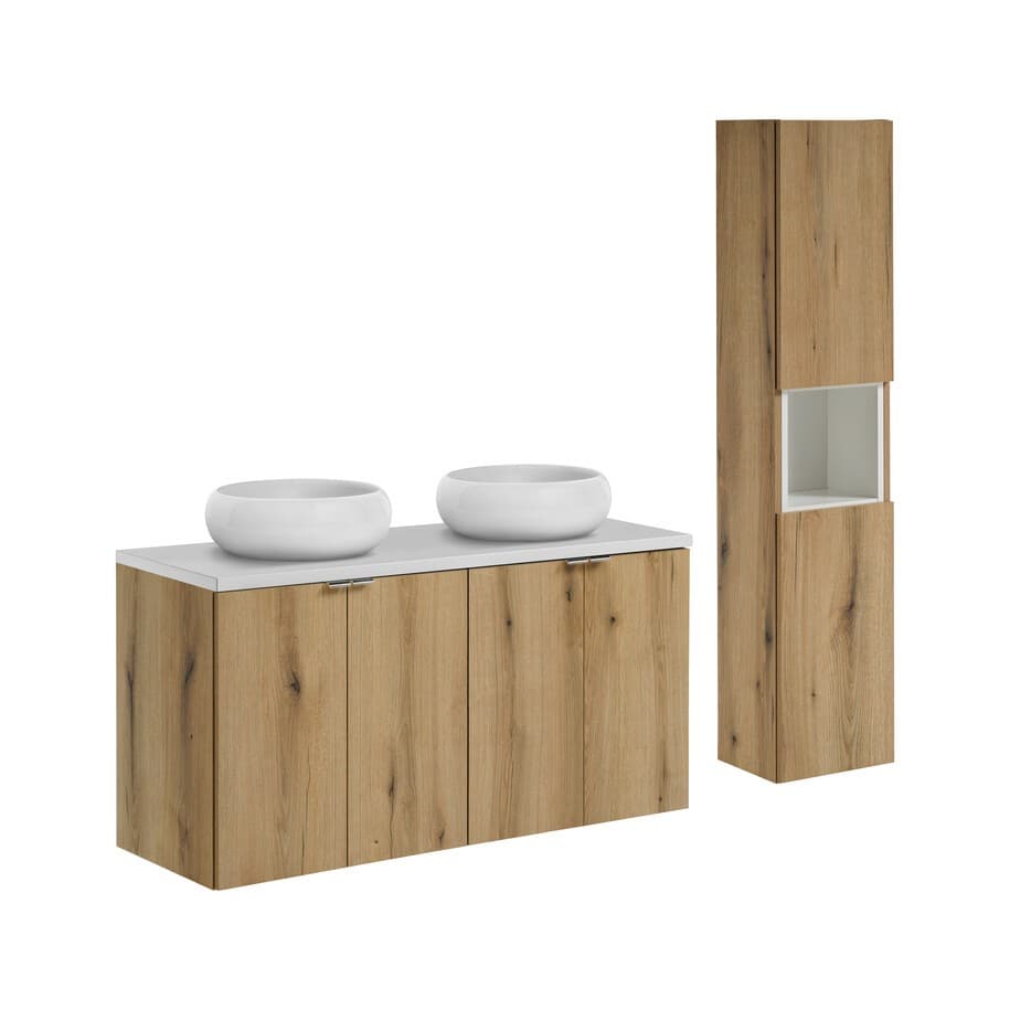 Kúpeľňová zostava Nova Oak s doskou, umývadlami a skrinkami 120 cm dub evoke/biela