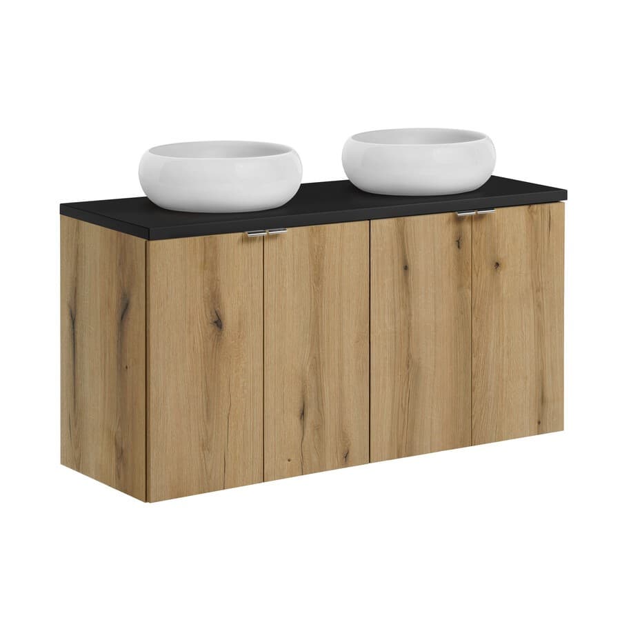 Závesná skrinka Nova Oak s doskou a umývadlami 120 cm dub Evoke/čierna