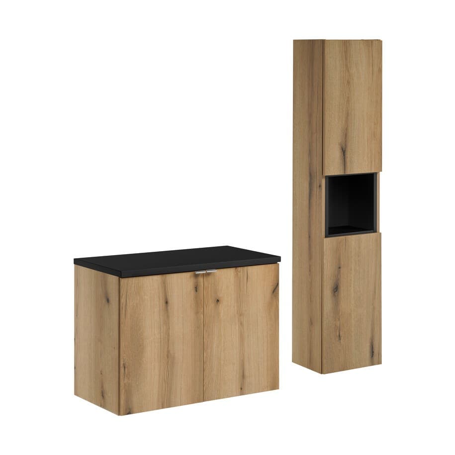 Kúpeľňová zostava Nova Oak II s doskou a skrinkami 80 cm dub evoke/čierna 1