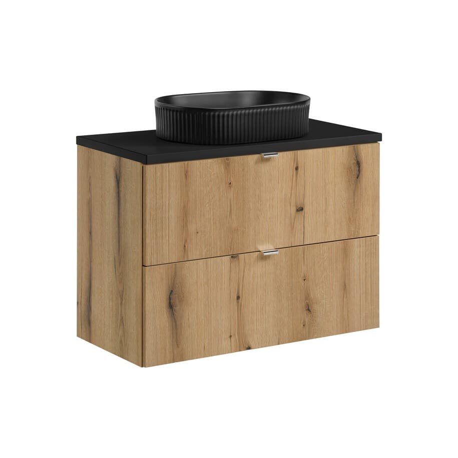 Závesná skrinka Nova Oak s doskou a umývadlom 80 cm dub coast evoke/čierna