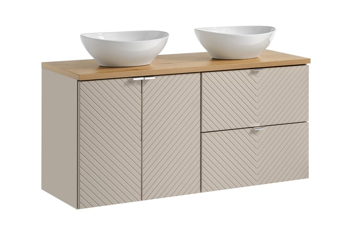 Závesná skrinka Viva Cashmere Lola s doskou a umývadlami 120 cm kašmírová/dub evoke
