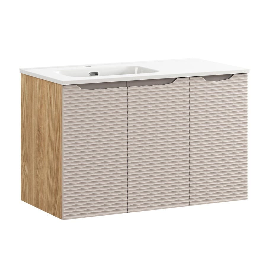 Závesná skrinka Ocean so zápustným umývadlom 90 cm béžová/dub olejovaný