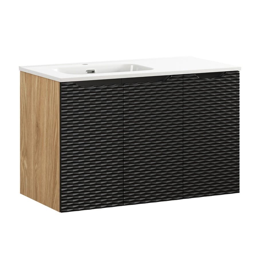 Závesná skrinka Ocean so zápustným umývadlom 90 cm čierna/dub olejovaný