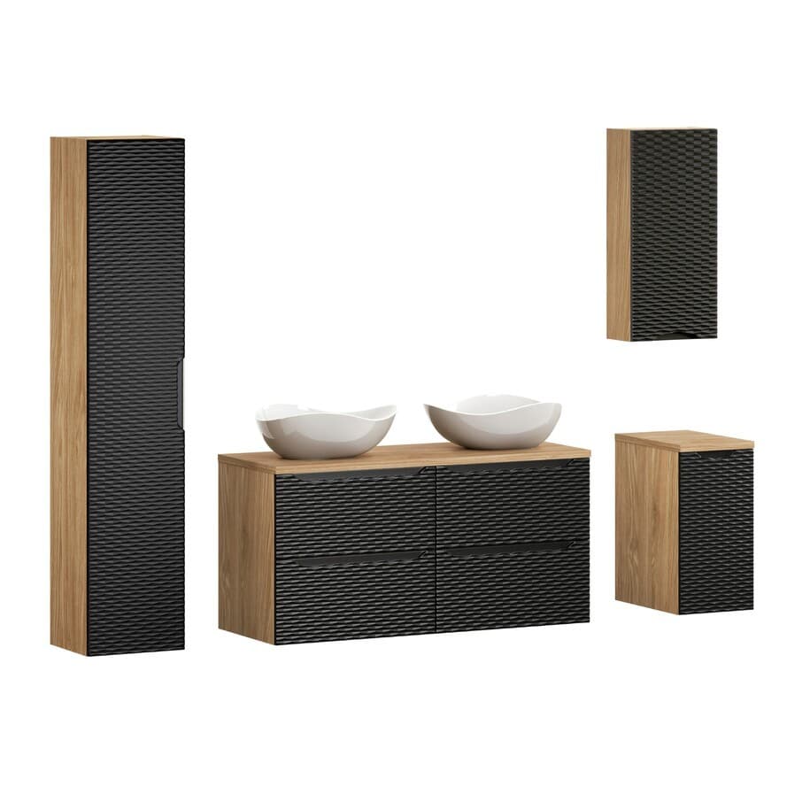Kúpeľňová zostava Ocean s doskou, umývadlami a skrinkami 120 cm čierna/dub olejovaný